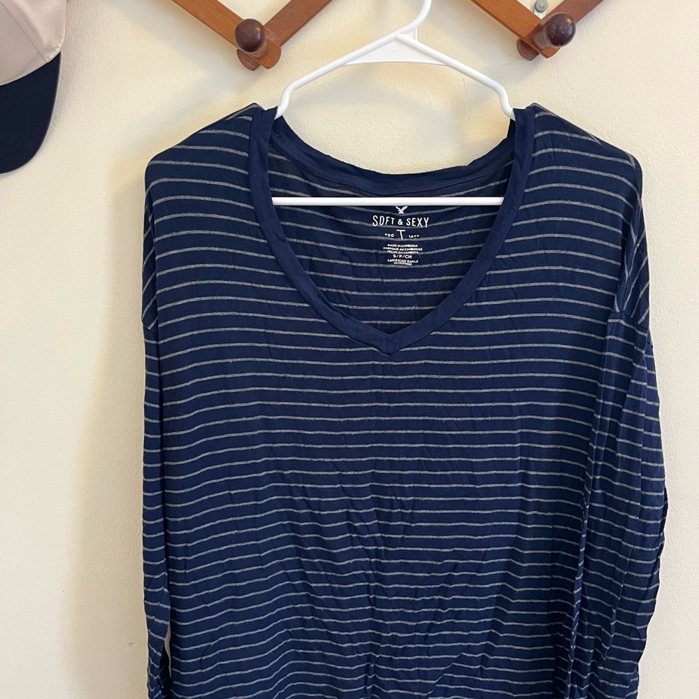 American Eagle Outfitters Blue and White Striped Tee